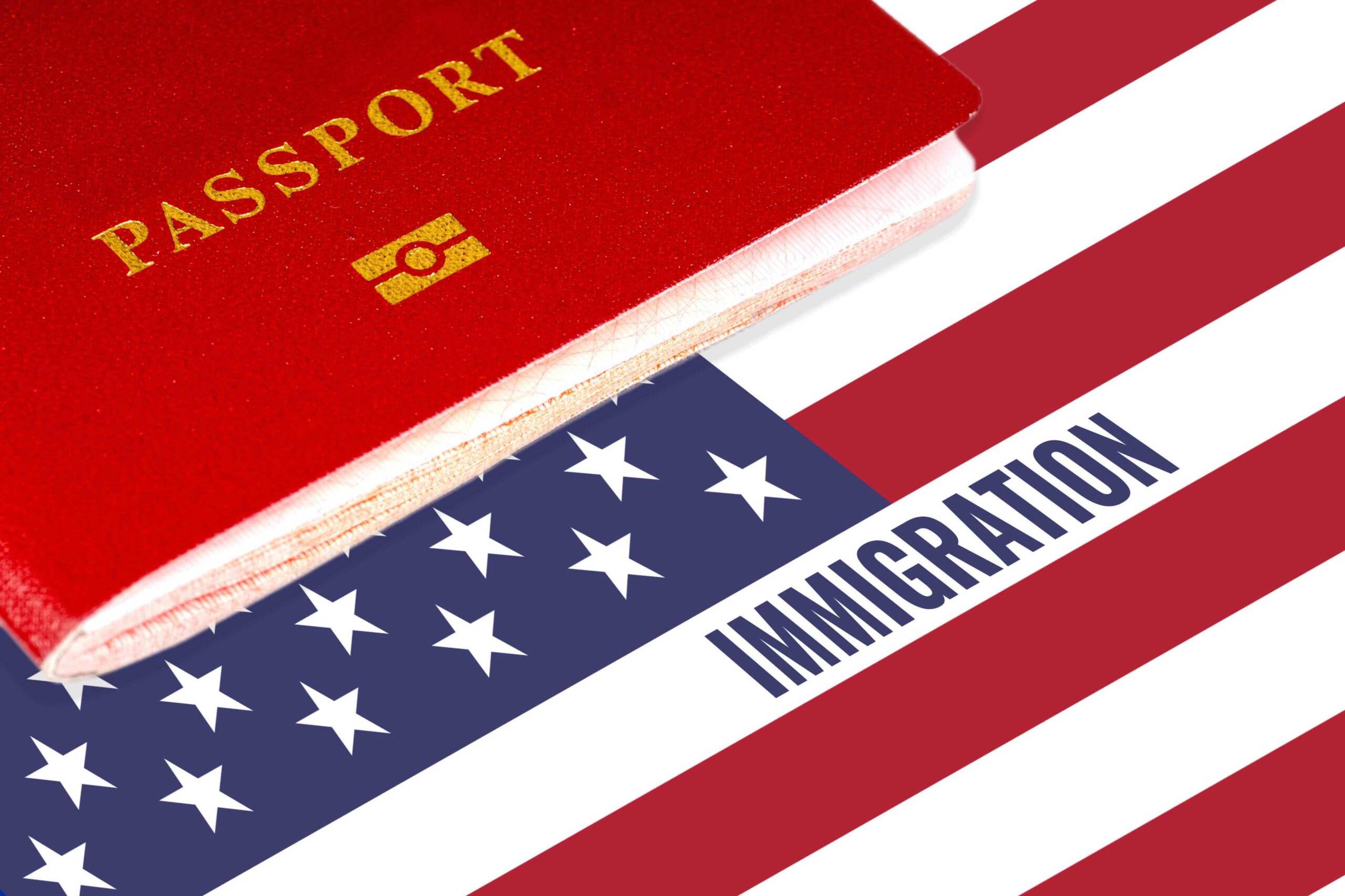 immigration, text over us flag and passport