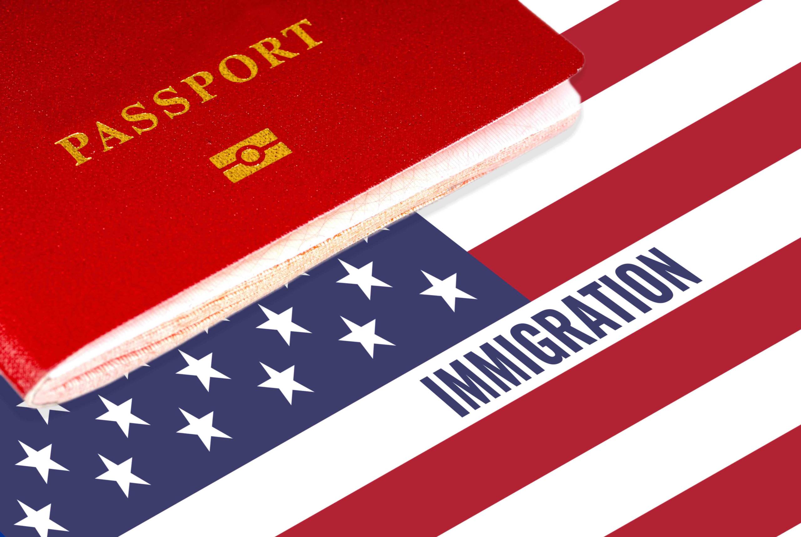 immigration, text over us flag and passport