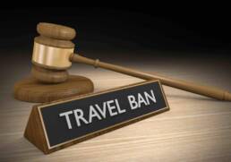 Court law concept of a legal ruling to block travel ban restrictions, 3D rendering