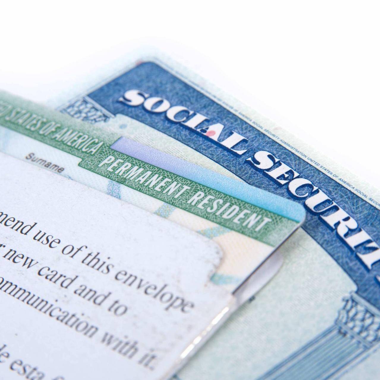 United States of America social security and green card on white background