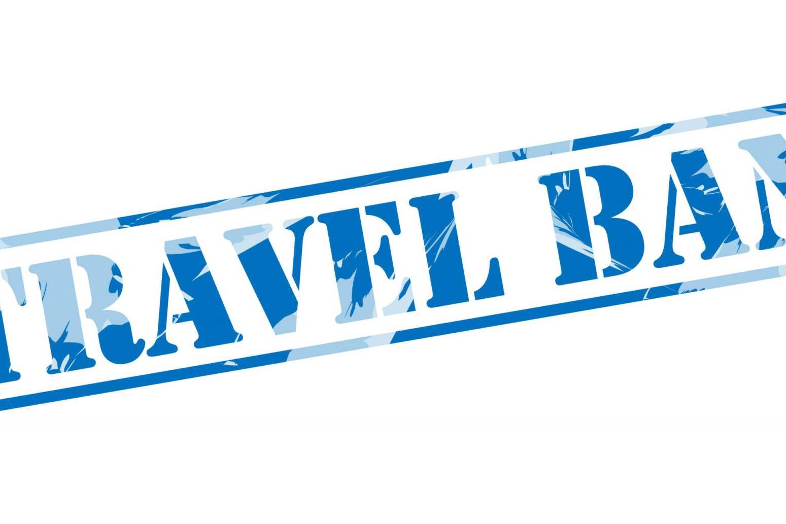 travel ban blue stamp on white background