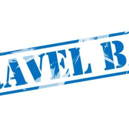 travel ban blue stamp on white background