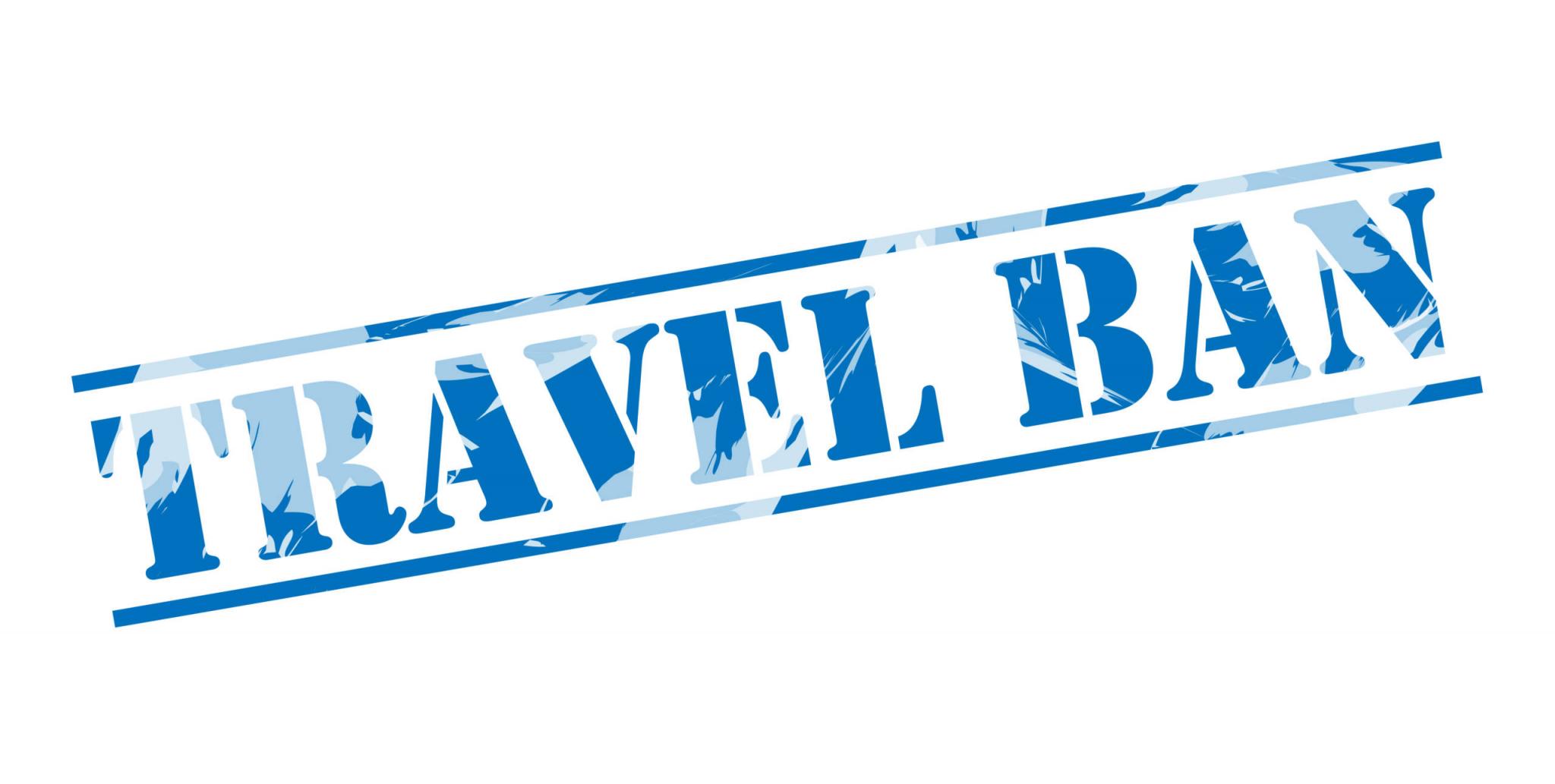 travel ban blue stamp on white background