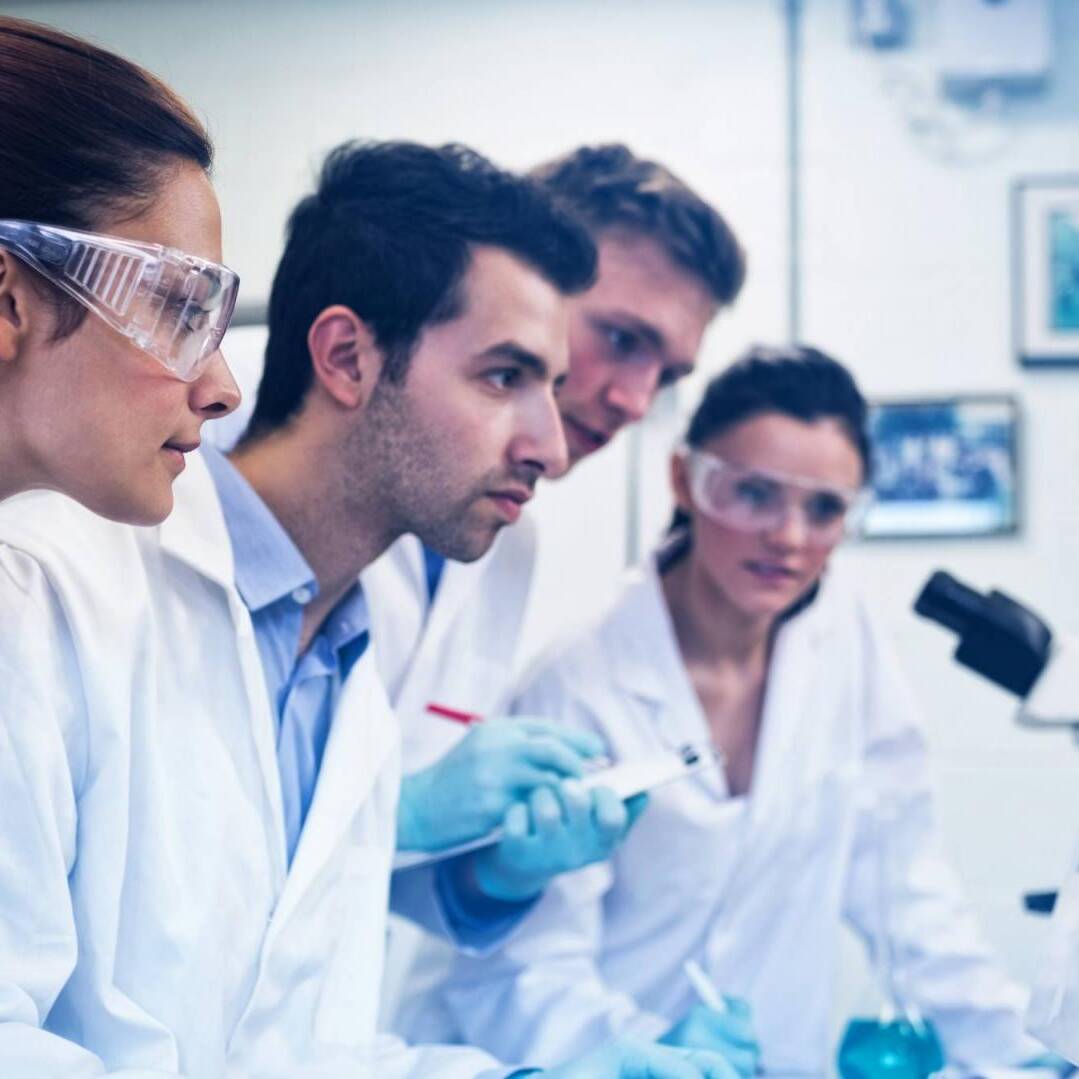 Serious researchers looking at computer screen in the lab