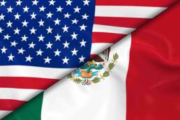 Flags of the United States of America and Mexico Divided Diagonally 3D Render of the American Flag and Mexican Flag with Silky Texture