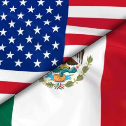 Flags of the United States of America and Mexico Divided Diagonally 3D Render of the American Flag and Mexican Flag with Silky Texture