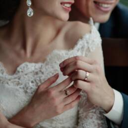 bridal couple, sensual bride and happy groom together