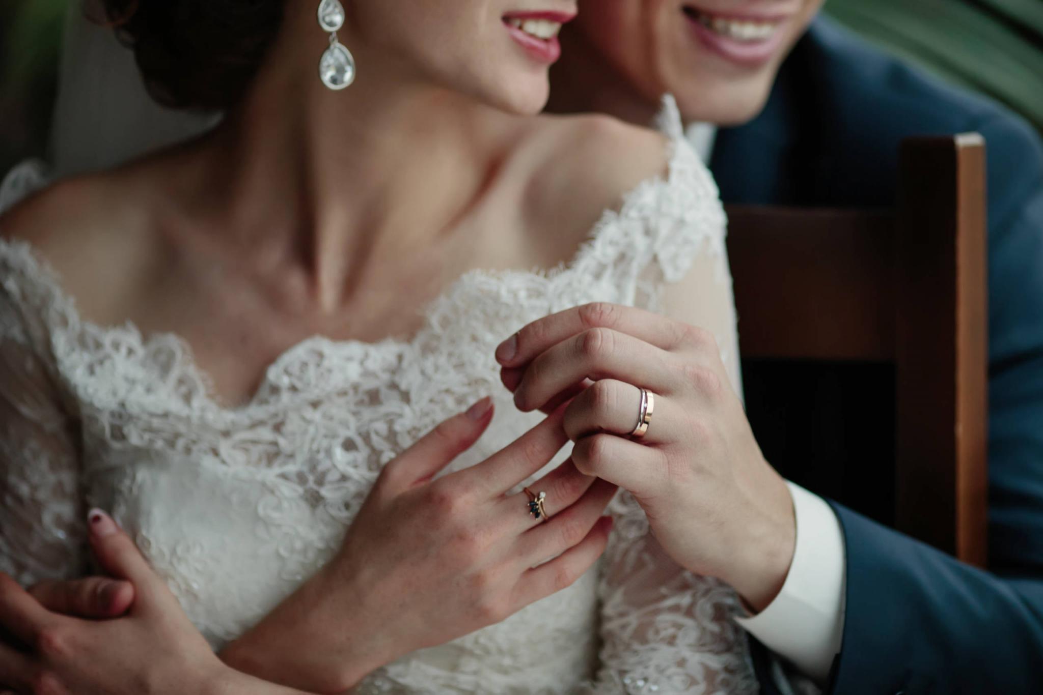 bridal couple, sensual bride and happy groom together