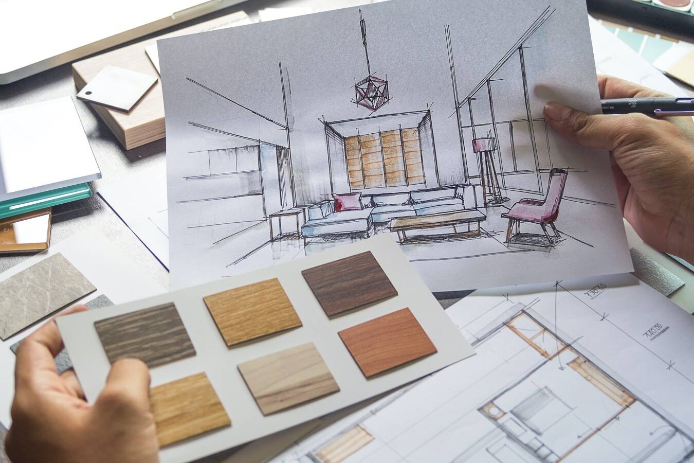 Architect designer Interior creative working hand drawing sketch plan blue print selection material color samples art tools Design Studio