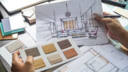 Architect designer Interior creative working hand drawing sketch plan blue print selection material color samples art tools Design Studio