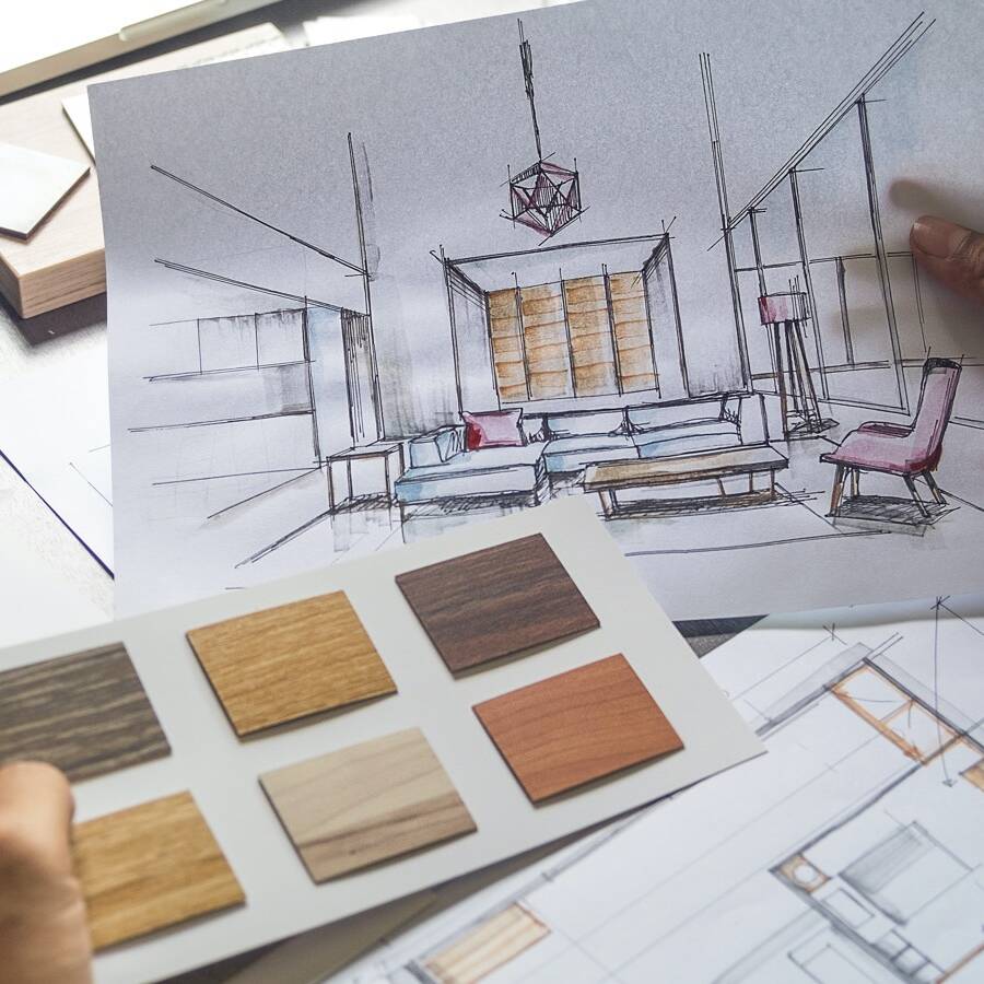 Architect designer Interior creative working hand drawing sketch plan blue print selection material color samples art tools Design Studio